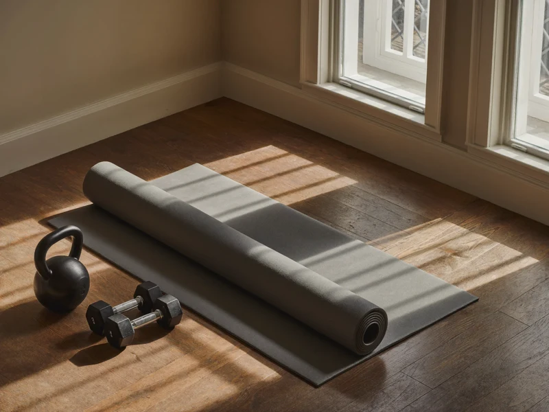 Helle Trainingsecke mit Matte, Hanteln und Kettlebell im Morgenlicht auf warmem Holzboden